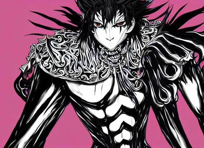 Prompt: shin megami tensei art of a demon called black! volga!!, car!!!!, art by kazuma kaneko, demonic! compedium!, digital drawing, white background, high quality, highly detailed