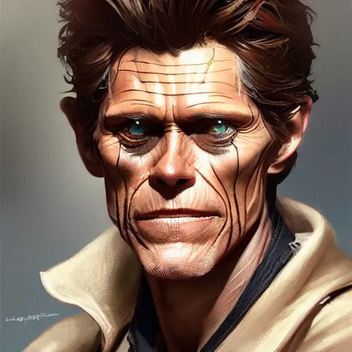 Image similar to handsome Willem Dafoe as Spider-Man, western, D&D, fantasy, intricate, elegant, highly detailed, digital painting, artstation, concept art, matte, sharp focus, illustration, art by Artgerm and Greg Rutkowski and Alphonse Mucha