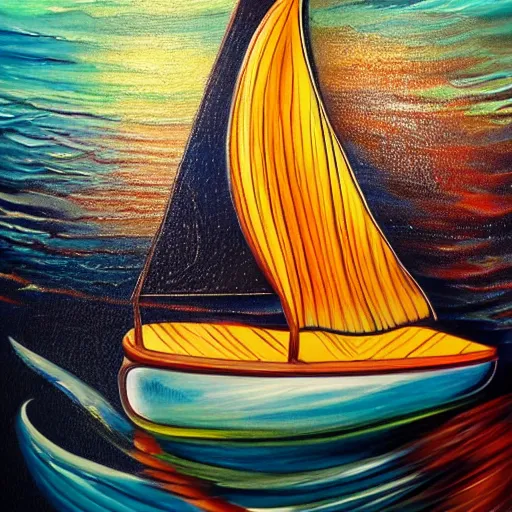 Image similar to a painting of a sailboat floating in the ocean, an ultrafine detailed painting by alice mason, shutterstock contest winner, metaphysical painting, detailed painting, airbrush art, made of crystals