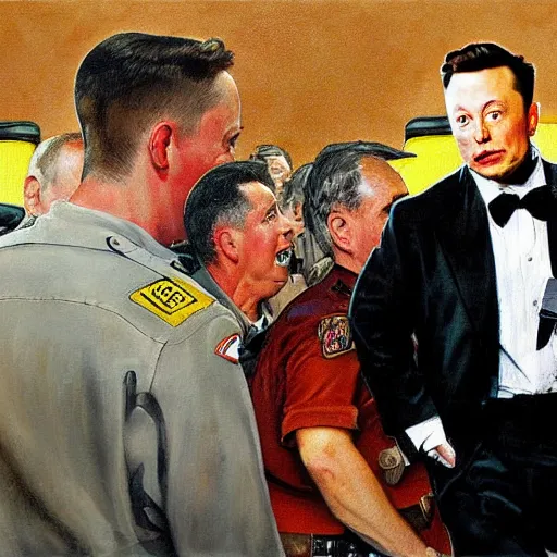 Prompt: elon musk getting arrested painting in the style of norman rockwell