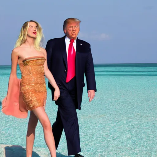 Image similar to Donald Trump and Amber Heard on vacation, from afar