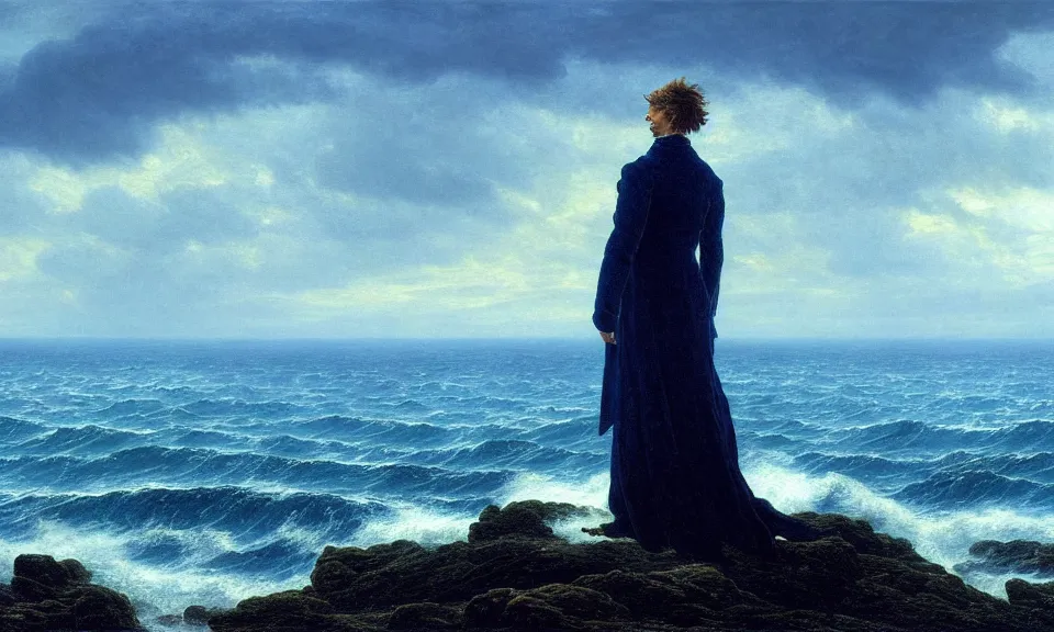 Prompt: a cinematic hyperrealism highly detailed photograph of blue ocean, by caspar david friedrich, trending on artstation