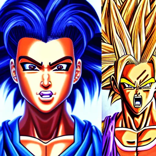 Image similar to ultra realistic portrait painting of kim kardashian as super saiyan, art by akira toriyama, 4 k, dragon ball artstyle, cel shaded, highly detailed, epic lighting