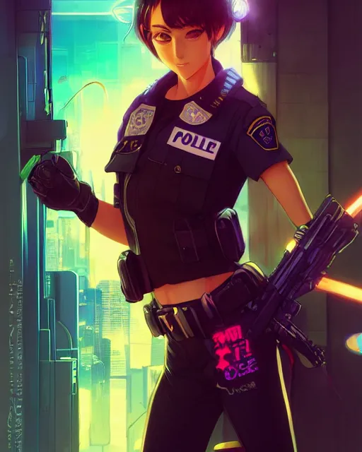 Image similar to anime key visual of a cat lady police officer, neon, cyberpunk, futuristic, stunning, highly detailed, digital painting, artstation, smooth, soft focus, illustration, art by artgerm and greg rutkowski and alphonse mucha