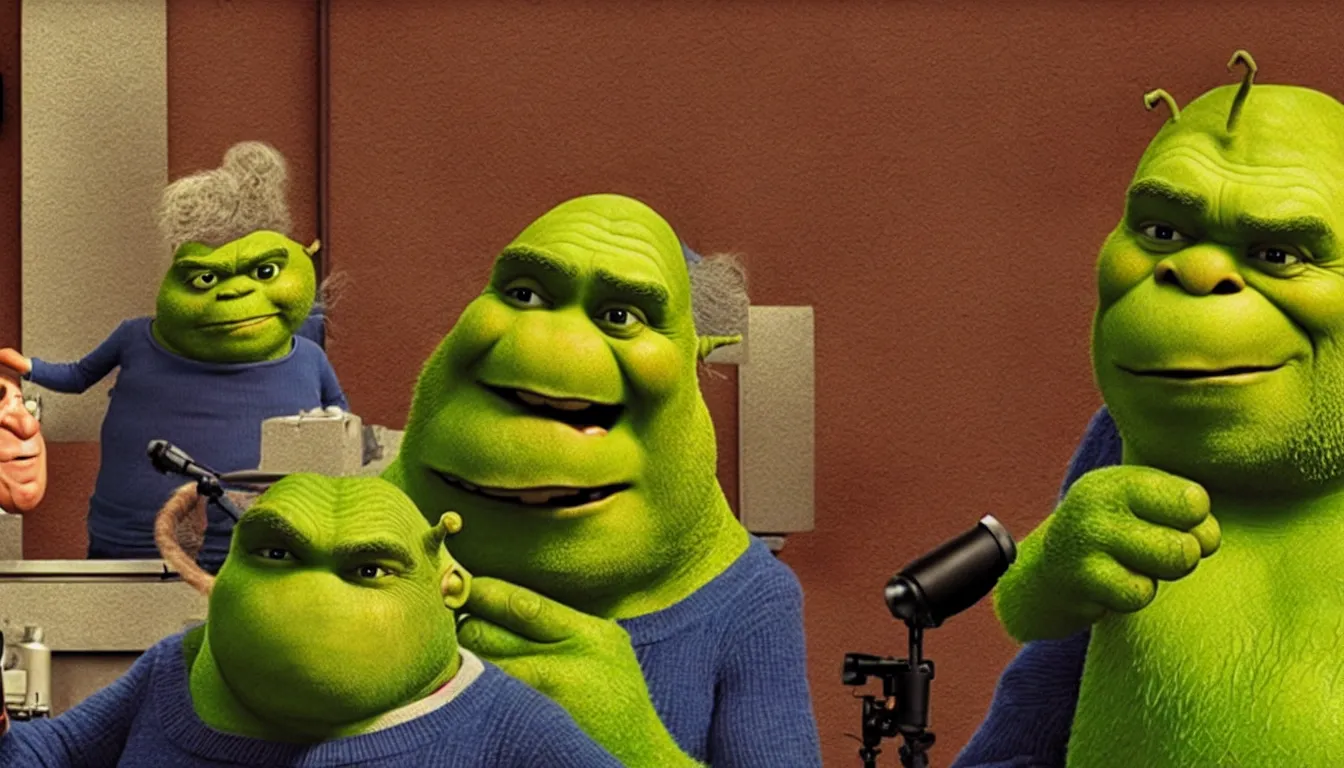 Image similar to polaroid picture of old man yelling at shrek presidental debate national television very detailed, 8 k