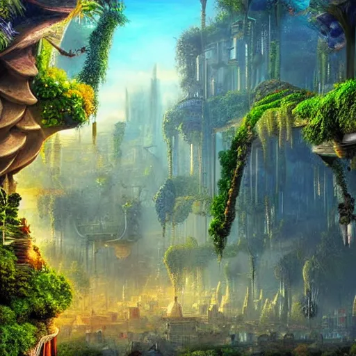 Image similar to hanging gardens, beautiful garden city, lush paradise, matte painting, opulent, golden hour lighting