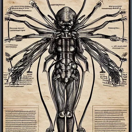 Prompt: an infographic detailing the autopsy of a metroid, art direction influenced by HR Giger, in the style of Leonardo da Vinci, drawn on old weathered paper, detailed, side panel details, diagrams, charts, line art 8k,