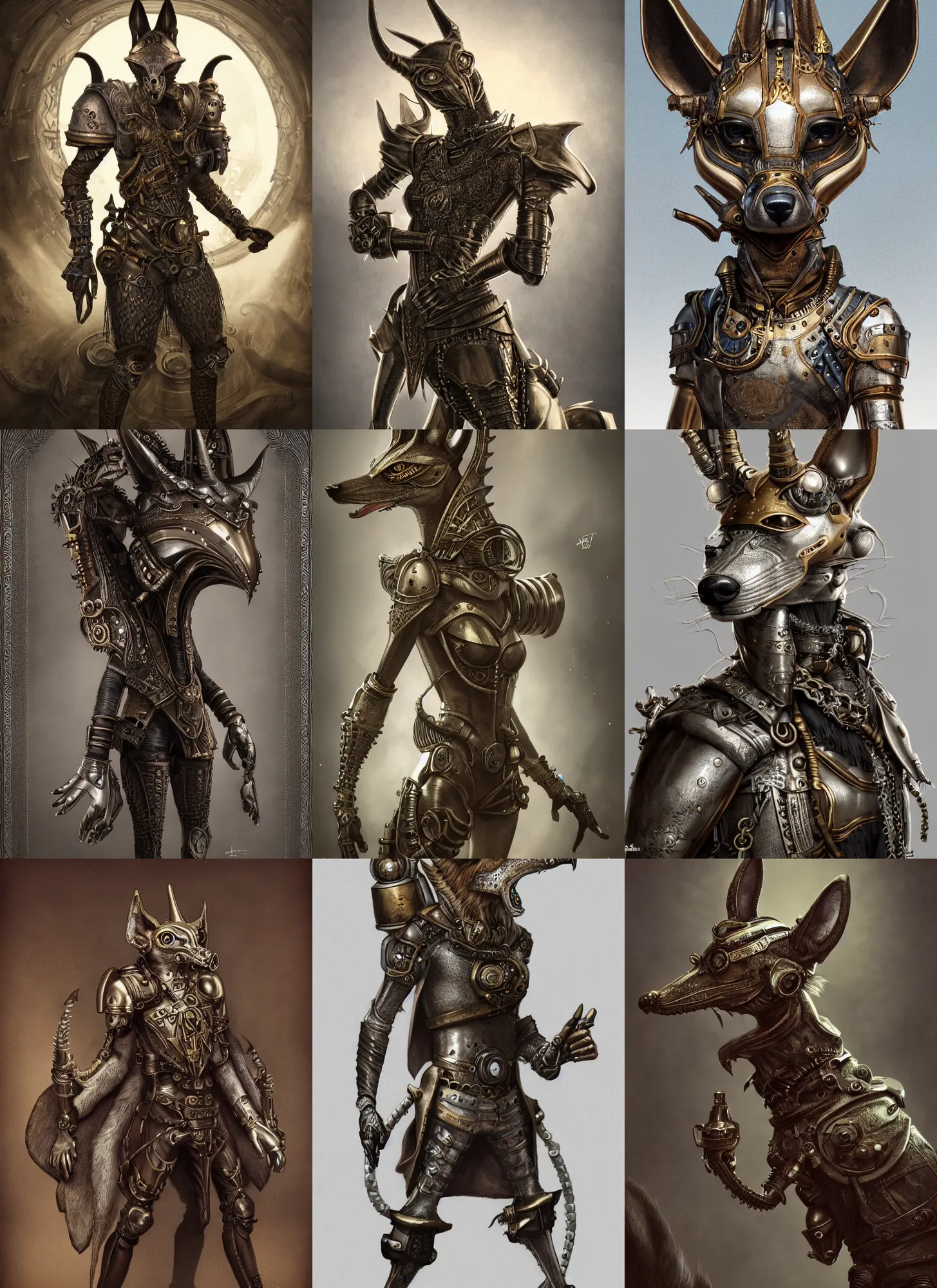 Prompt: anthropomorphic jackal wearing steampunk armor, intricate, fantasy, anubis, elegant, hyper realistic, photo realistic, ultra detailed, concept art, octane render, beautiful natural soft rim light, uplight, silver details, elegant, ultra detailed, dustin panzino, giger, mucha