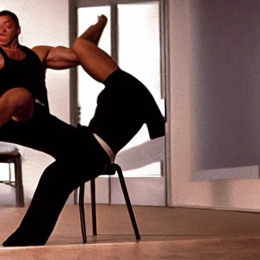 Prompt: cinematic still, young Jean Claude Vandamme doing the splits with a foot placed on separate chairs, dramatic lighting ,award winning, 4K