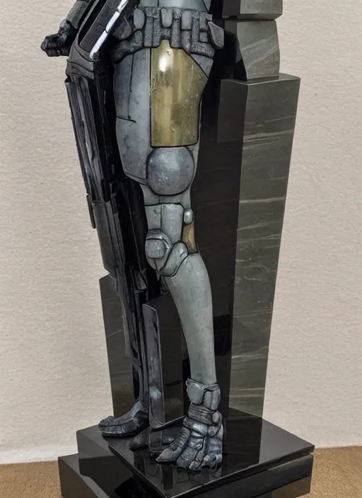 Prompt: a tall marble sculpture of judge dredd, smooth, glossy, polished, fine workmanship, attention to detail, high definition