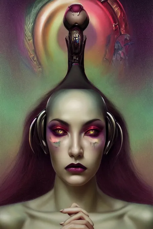 Prompt: portrait of an elegant alien cobra woman queen, straight on portrait, full body character concept art, concept art, by artgerm, tom bagshaw, gerald brom, vaporwave colors, lo - fi colors, vaporwave, lo - fi, moody vibe, goth vibe, 4 k, hd,