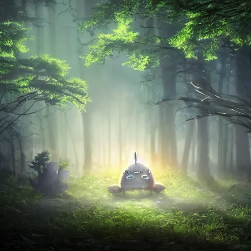 Image similar to A forest with a ray of light shining down onto the forest floor, tattered robot, totoro hiding behind tree, magical, enchanting, graveyard, studio ghibli, beautiful, fantasy, digital art, high detail, excellent quality, 4K, OLED