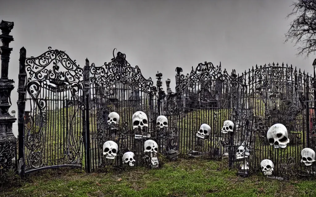 Prompt: skulls placed in a row on a wrought iron gate, in the background a dilapidated house surrounded by tombstones, fog, gloomy atmosphere tim burton style