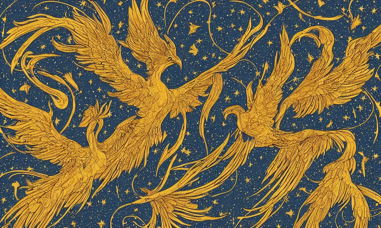 Prompt: a skymap with a detailed constellation of a phoenix bird, cosmos background with golden art nouveau frame