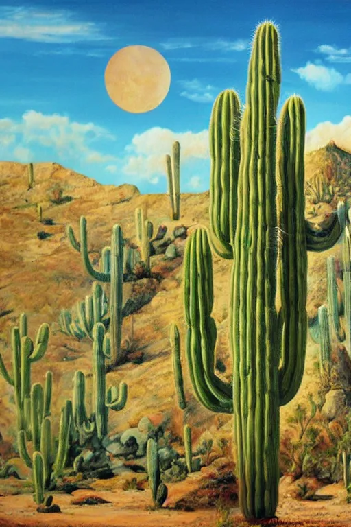 Prompt: a beautiful painting of the san pedro cactus with the face of an old indigenous man in the sky, fantasy art, matte painting