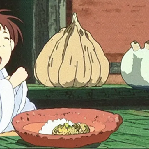 Prompt: adorable film still of a piece of garlic, produced by studio ghibli