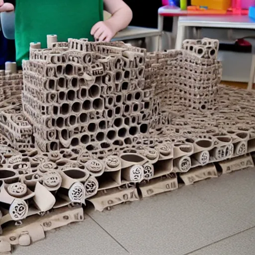 Prompt: castle made out of cardboard pipes, photorealistic, 4 k, canon 1 d, classroom in background