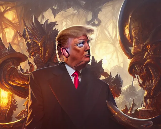 Image similar to photography of donald trump!!!, deep focus, warhammer 4 0 k, d & d, fantasy, intricate, elegant, highly detailed, digital painting, artstation, concept art, matte, sharp focus, illustration, hearthstone, art by artgerm and greg rutkowski and alphonse mucha