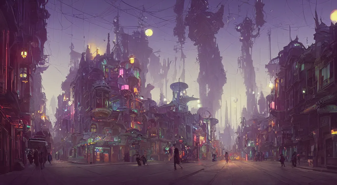 Image similar to a street level painting towards the horizon with high detail, sci - fi colorful victorian city with a victorian astronaut in the foreground at night with sharp shadows by tyler edlin and sparth, wide angle lens, 4 k, vray, art nouveau influences. roger deakins, cinematic cinematography.