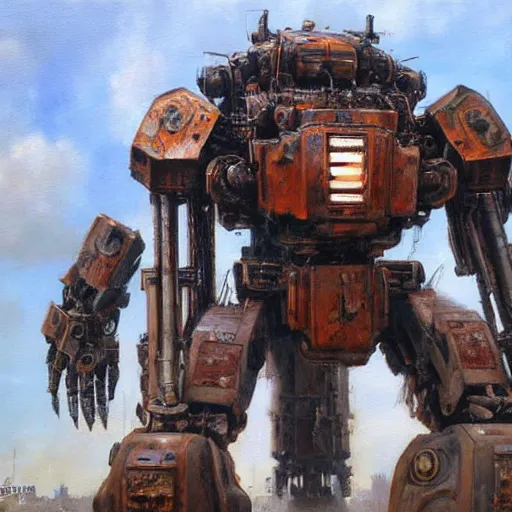 Image similar to oil painting of a huge rusting mech, that resembles a mechanical gorilla, highly detailed, complex, intricate by james gurney sleek, elegant, anime style