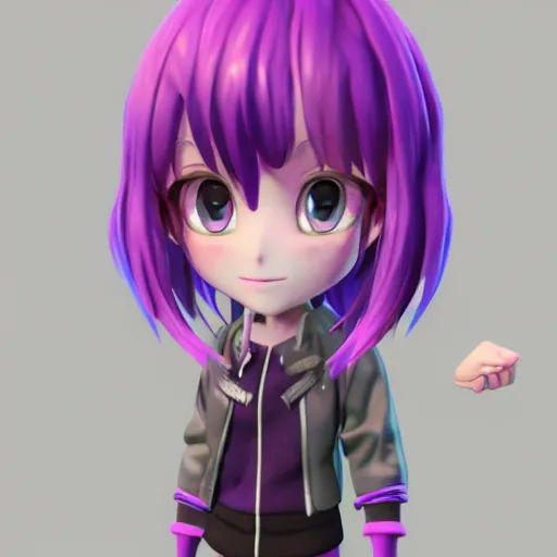 Image similar to portrait of a anime and chibi very cute girl with purple jacket design by antonio mello, xkung work, character modeling, toy design, substance 3 d painter, blender, mental ray, zbrush, soft vinyl, bio luminescent, maximalist sculpted design portrait, studio photo, 7 0 mm lens, trending in artstation