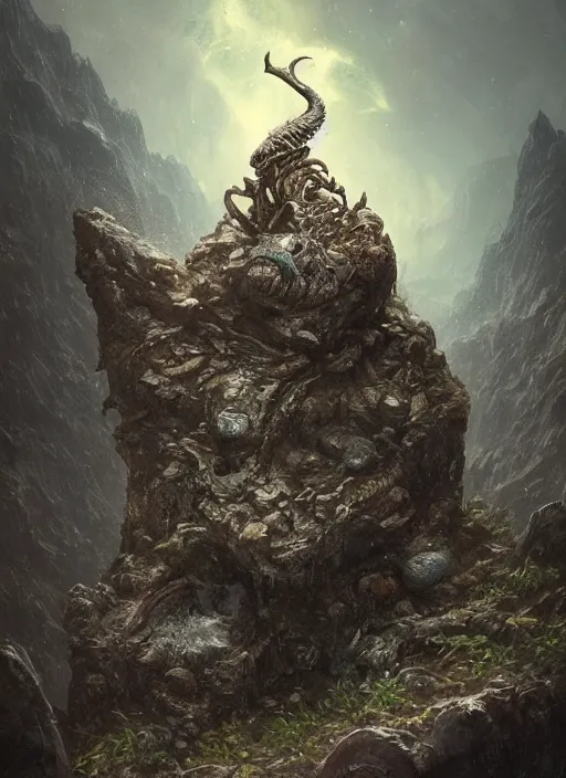 Image similar to hyper realistic photography of intricate horrific alien bone god sitting on ruined ornamented rock throne in a rocky cave detailed, greg rutkowski, ross tran, moebius, lovecraft, artstation, cgsociety