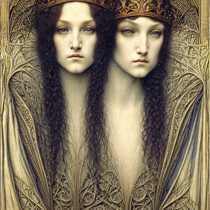 Image similar to detailed realistic beautiful young medieval queen face portrait by jean delville, gustave dore and marco mazzoni, art nouveau, symbolist, visionary, gothic, pre - raphaelite. horizontal symmetry