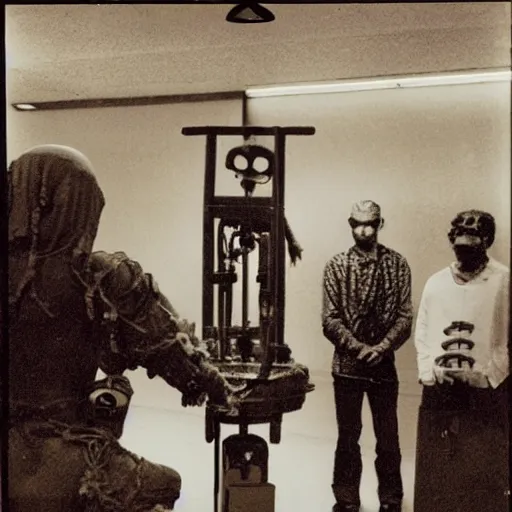 Prompt: a photograph photo security camera footage of insane cultists to the machine god feeding a shrine to the machine wire god with their blood and tears