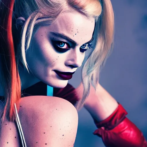 Image similar to photo of Margot Robbie as Harley Quinn, fire in background, bokeh, medium full shot, highly detailed skin and detailed face, flares, multicolor smoke