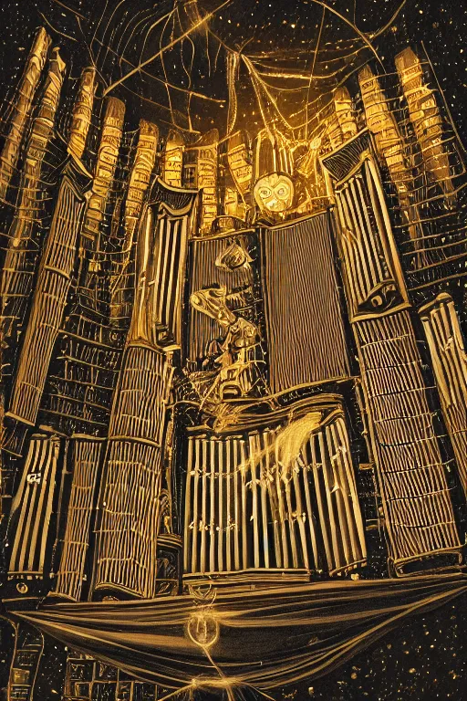 Image similar to illustration of close low angle view of an pipe organ made of books with gold spidery embellishments, night, smoke, ground fog, by vincent di fate, large depth of field, super detailed, digital art, trending on artstation, ornate