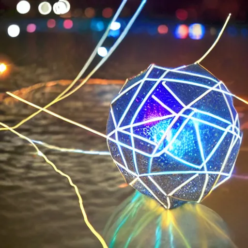 Image similar to river, bokeh, hyperdodecahedron, tesla coil