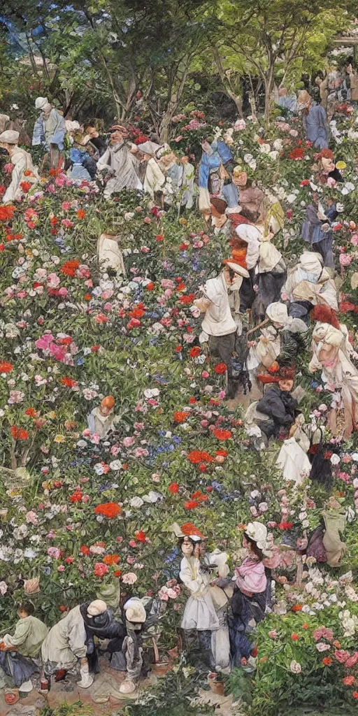 Image similar to oil painting scene from gardeners crowd in the flower garden by kim jung gi