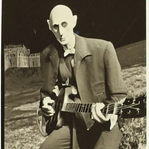 Image similar to vintage photograph of count orlok outside his castle, playing the blues on guitar, castle in the background, 4 k