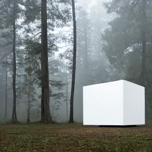 Image similar to photograph of a white concrete cube sitting in the middle of a forest clearing, foggy, liminal