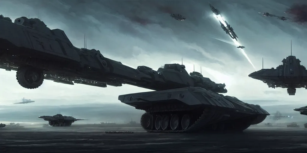 Image similar to hyper realistic sci - fi matte concept art painting of a low flying spaceship over a battlefield filled with tanks, mecha and transports, beautiful details, strong composition painted by kim jung guweta studio rutkowski, james gurney and greg rutkowski, and lucasfilm, smooth, intricate, detailed, sharp focus, cinematic