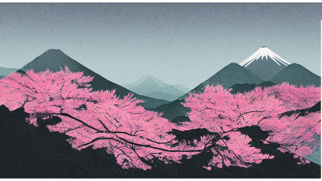 Prompt: a mountainside landscape with sakura trees, japan, a collage painting, in the style of wes anderson, lola dupre, david hockney, isolated on negative white space background dark monochrome neon spraypaint accents volumetric octane render