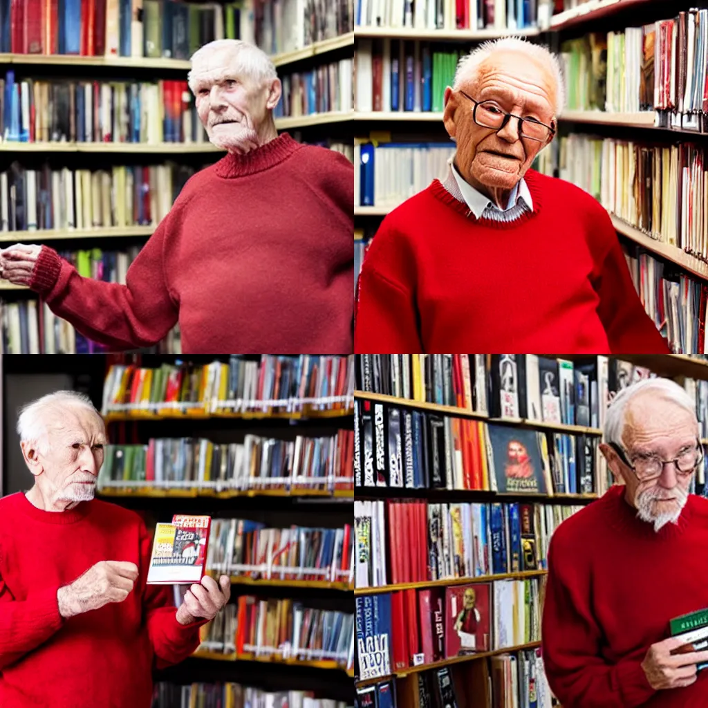 Prompt: elderly man wearing red sweater proudly displaying adult dvd titles in extensive collection room
