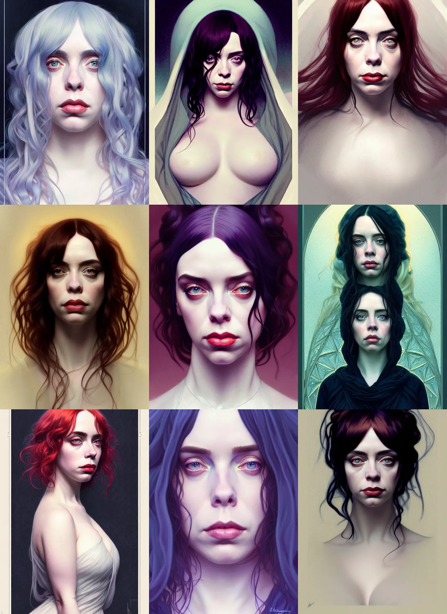 Prompt: portrait of christina hendricks dressed as billie eilish, intricate, elegant, highly detailed, digital painting, artstation, concept art, symmetry, smooth, sharp focus, illustration, art by artgerm and greg rutkowski and alphonse mucha