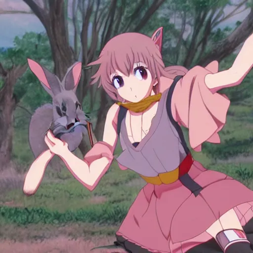 Prompt: Usada Pekora from Hololive is hunting a rabbit, anime, by Hayao Miayazaki