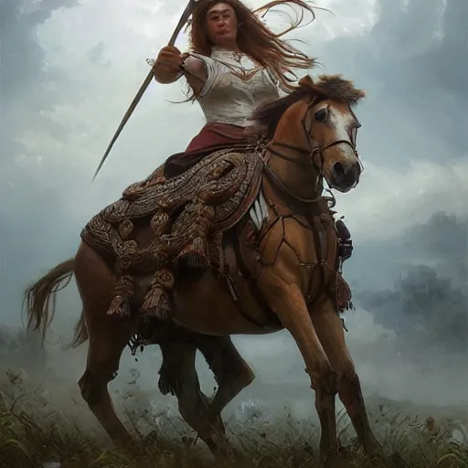 Prompt: portrait painting of a female butcher riding a horse, ultra realistic, concept art, intricate details, eerie, highly detailed, photorealistic, octane render, 8 k, unreal engine. art by artgerm and greg rutkowski and alphonse mucha