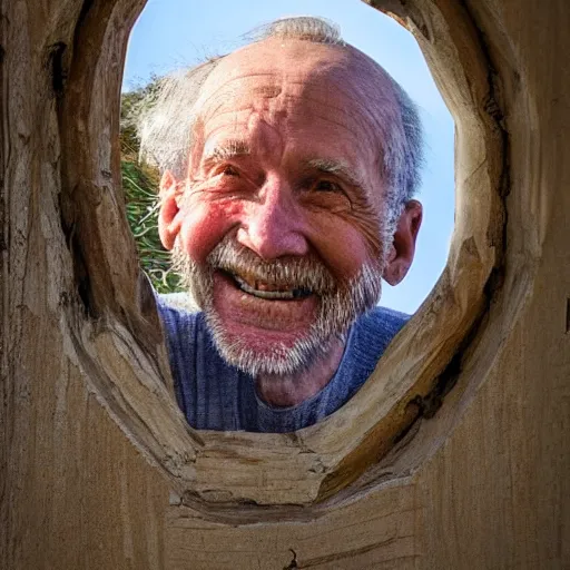 Image similar to an smiling old man peeking through a small window