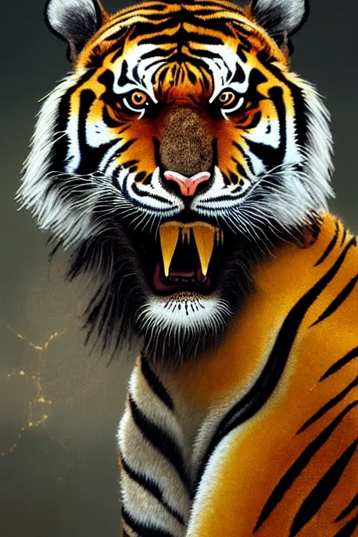 Prompt: portrait of a tiger cyborg, kintsugi, modern fine art, fractal, intricate, elegant, highly detailed, digital photography, subsurface scattering, by wes andersom and greg rutkowski,