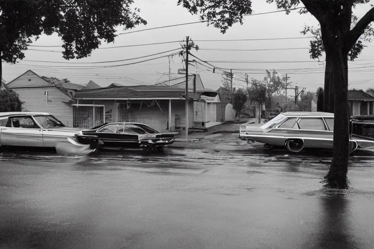 Image similar to a detailed photograph of a 1 9 7 0 s american neighborhood by gregory crewdson, photoreal, 4 k, rain