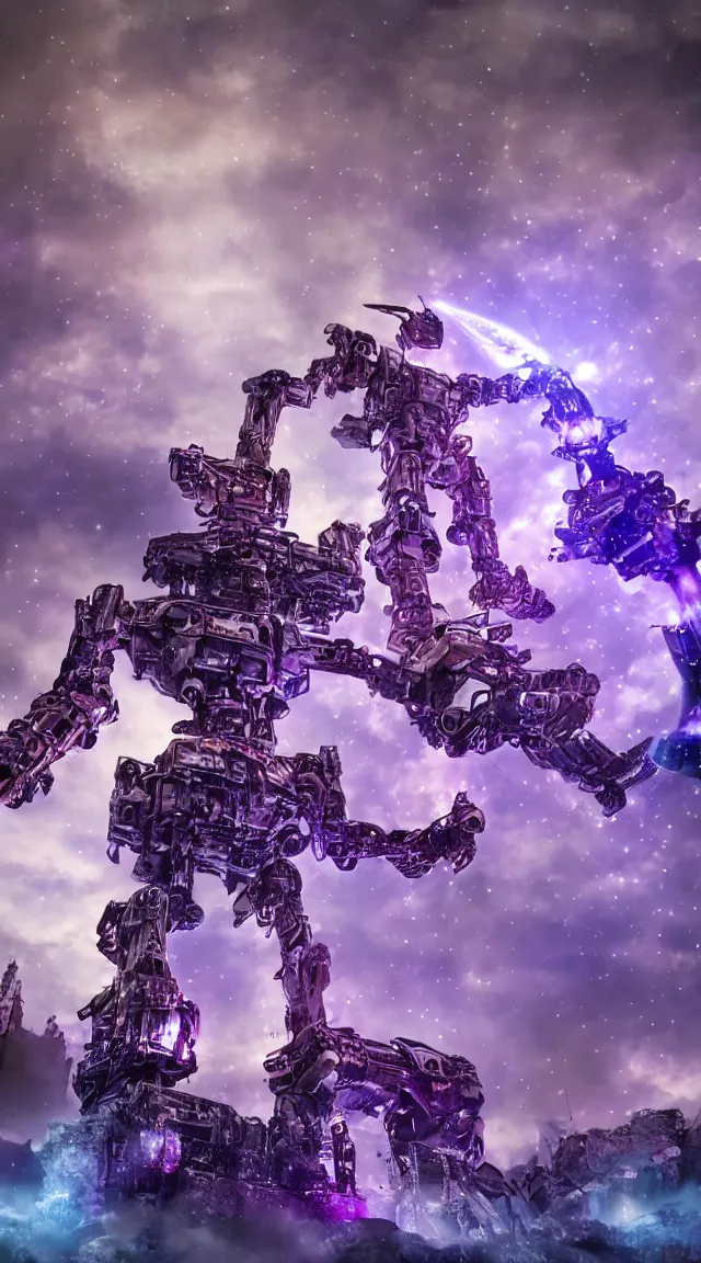 Image similar to giant robot with purple lights destroying a mini fantasy castle, professional photo, hdr, bokeh, sci fi, tiny castle, fantasy, small world, miniature