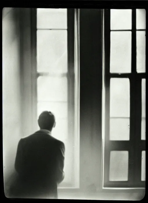 Image similar to a man looking out a window in the afternoon, flash polaroid photo by george hurrell, hazy light rays