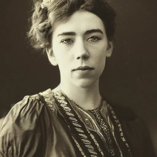 Image similar to victorian photograph of vanessa kirby, 1 8 9 0 s photography, 1 9 0 0, realistic face, symmetrical face, studio photograph, grainy, edwardian, old photo