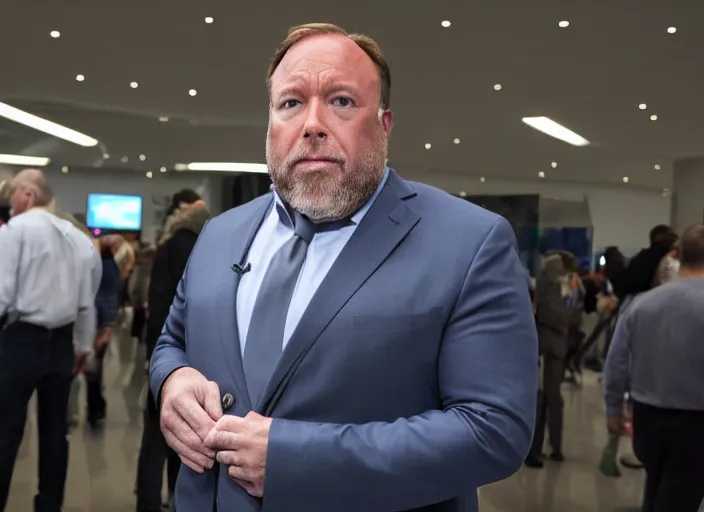 Prompt: dslr photo still of infowars host alex jones in a blue suit fat grey beard and mustache!!! depressed!!! in an!!! apple store trying to get his phone deleted!!!, 5 2 mm f 1. 8