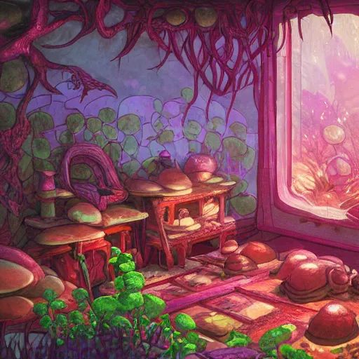 Prompt: concept art painting of a interior of a cozy alien fantasy cottage made of mushrooms and fungus, with black vines and magenta houseplants, blue and magenta light, realistic, detailed, cel shaded, dark, in the style of makoto shinkai and greg rutkowski and james gurney