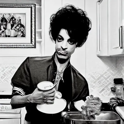 Prompt: photo of prince doing the dishes, very detailed