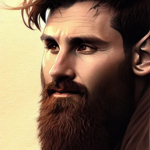 Image similar to Messi with a majestic beard, closeup, D&D, fantasy, intricate, elegant, highly detailed, digital painting, artstation, concept art, matte, sharp focus, illustration, art by Artgerm and Greg Rutkowski and Alphonse Mucha